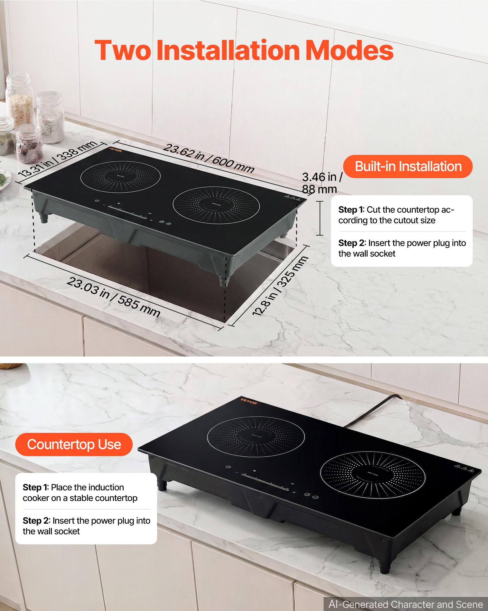 VEVOR Induction Cooktop 24inch 2 Burners Built-in Electric Stove 110V 1800W, Low-Power Continuous Heating, Induction Burner, with 9 Power Levels, LED Touch Screen, and Child Lock, for Kitchen, RV