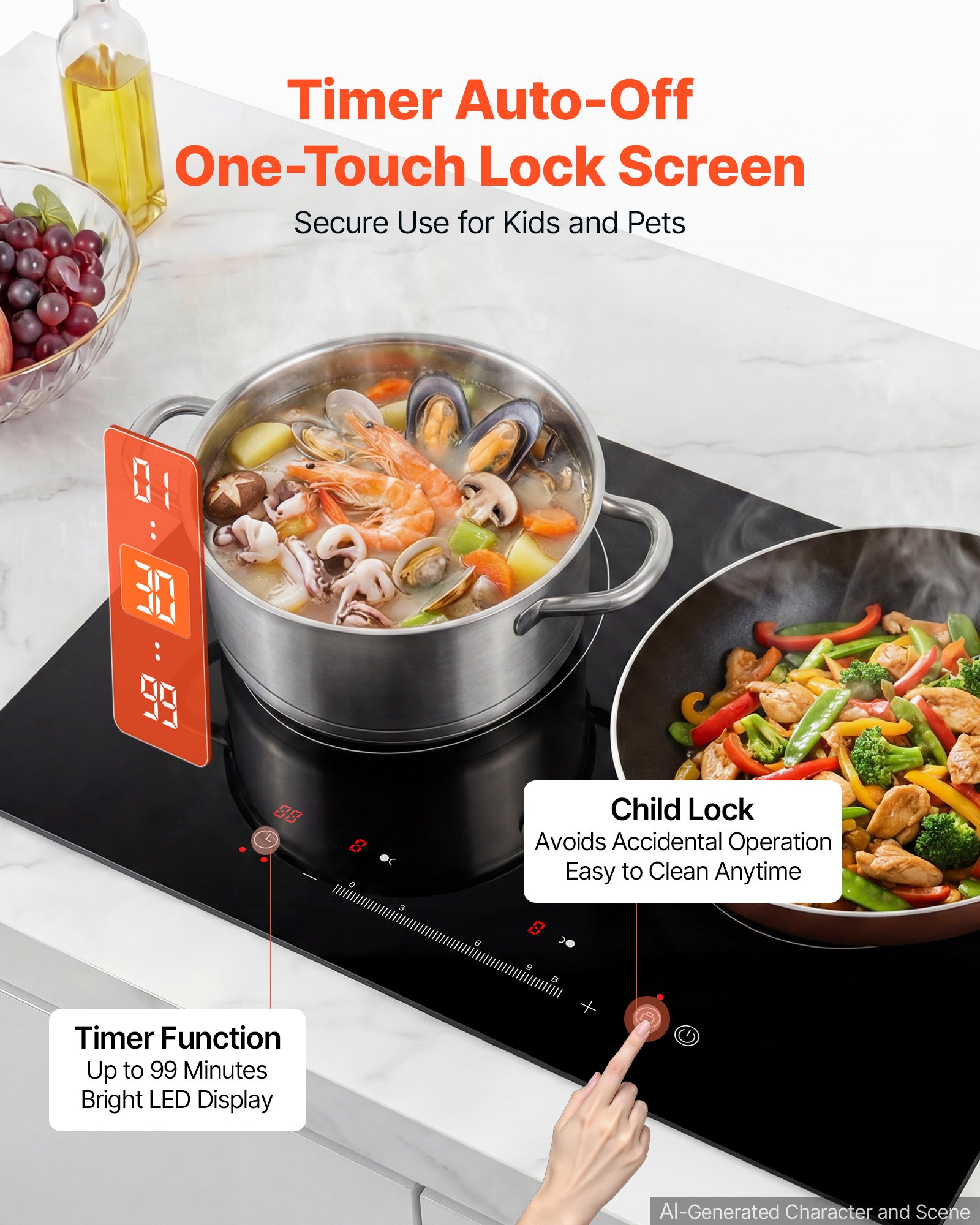 VEVOR Induction Cooktop 24inch 2 Burners Built-in Electric Stove 110V 1800W, Low-Power Continuous Heating, Induction Burner, with 9 Power Levels, LED Touch Screen, and Child Lock, for Kitchen, RV