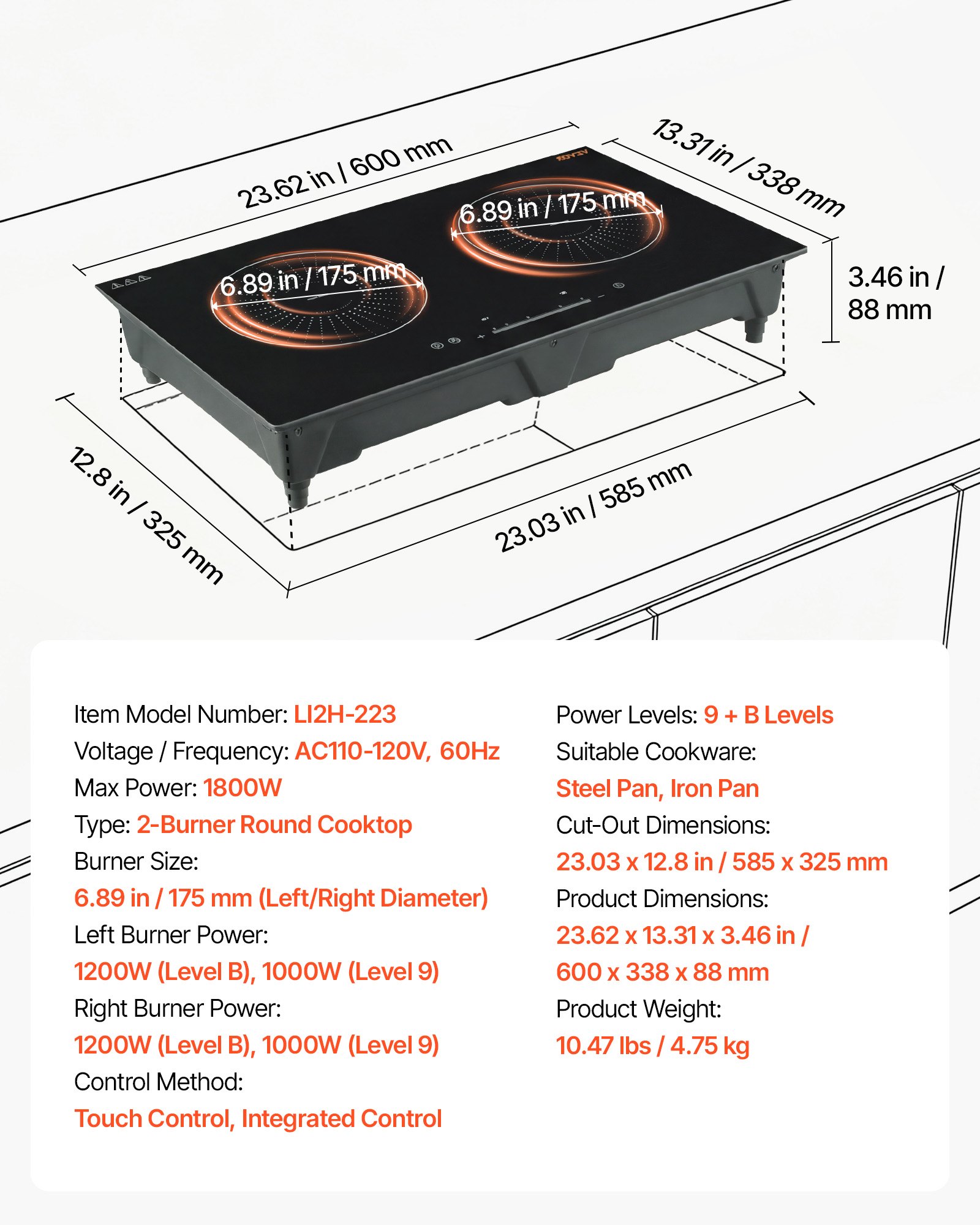 VEVOR Induction Cooktop 24inch 2 Burners Built-in Electric Stove 110V 1800W, Low-Power Continuous Heating, Induction Burner, with 9 Power Levels, LED Touch Screen, and Child Lock, for Kitchen, RV
