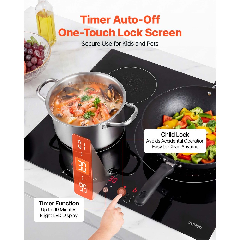 VEVOR Induction Cooktop 60 cm 3 Burners Built-in Electric Stove 220V 6200W, Low-Power Continuous Heating, Induction Burner, with 9 Power Levels, LED Touch Screen, and Child Lock, for Kitchen, RV
