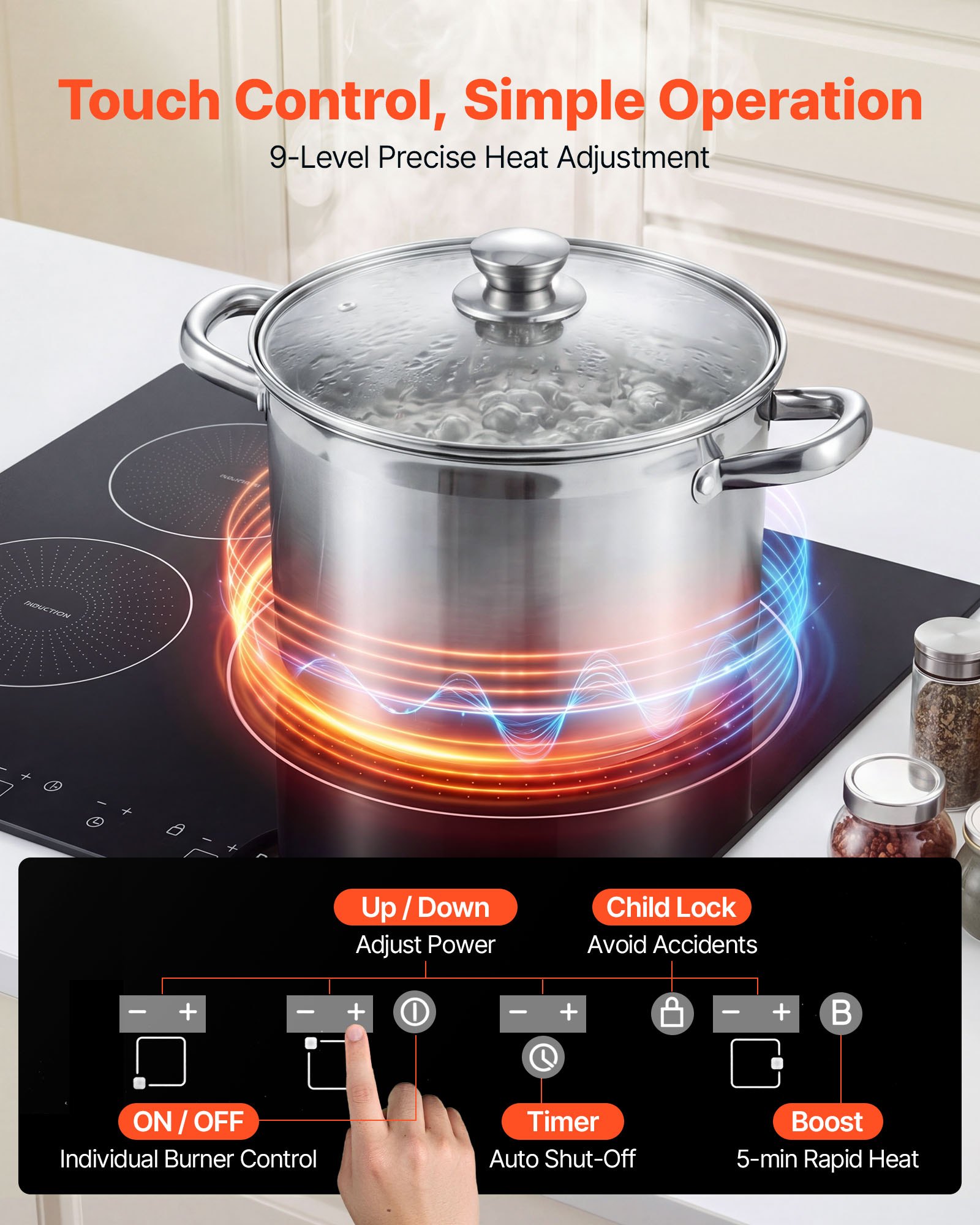 VEVOR Induction Cooktop 60 cm 3 Burners Built-in Electric Stove 220V 6200W, Low-Power Continuous Heating, Induction Burner, with 9 Power Levels, LED Touch Screen, and Child Lock, for Kitchen, RV