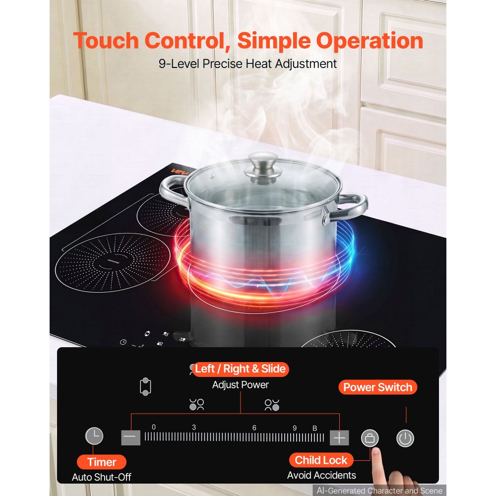 VEVOR Induction Cooktop 30inch 4 Burners Built-in Electric Stove 220V 7500W, Low-Power Continuous Heating, Induction Burner for Kitchen, with 9 Power Levels, LED Touch Screen, and Child Lock