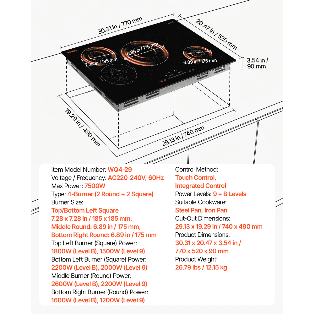 VEVOR Induction Cooktop 30inch 4 Burners Built-in Electric Stove 220V 7500W, Low-Power Continuous Heating, Induction Burner for Kitchen, with 9 Power Levels, LED Touch Screen, and Child Lock