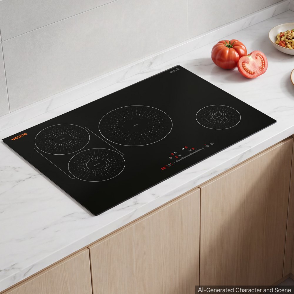 VEVOR Induction Cooktop 30inch 4 Burners Built-in Electric Stove 220V 7500W, Low-Power Continuous Heating, Induction Burner for Kitchen, with 9 Power Levels, LED Touch Screen, and Child Lock