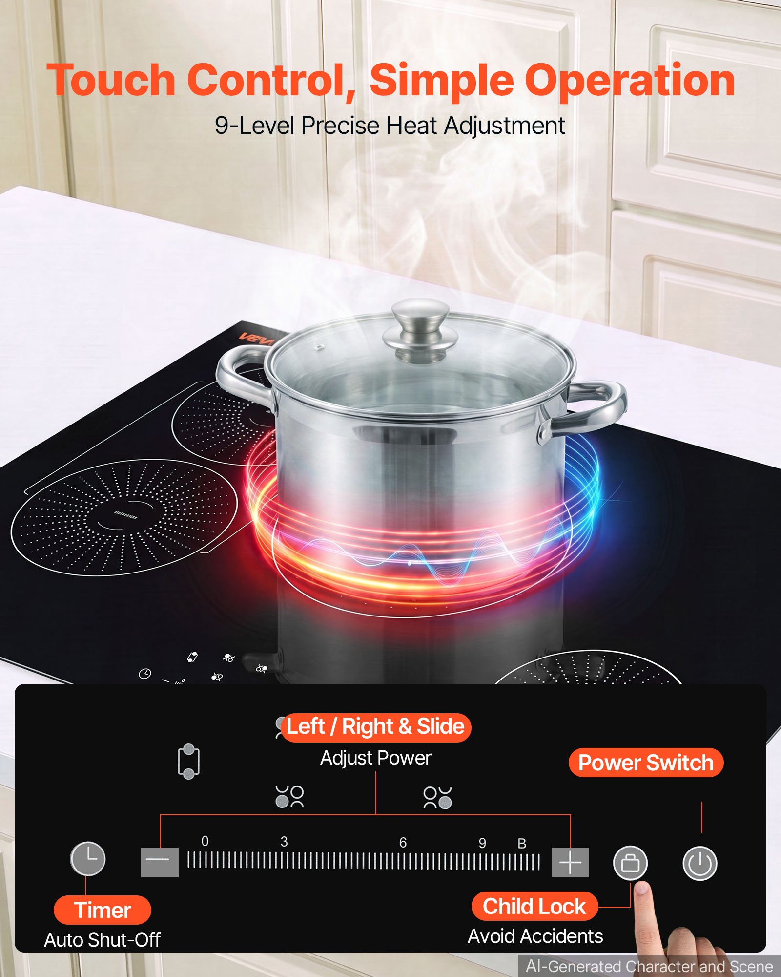 VEVOR Induction Cooktop 30inch 4 Burners Built-in Electric Stove 220V 7500W, Low-Power Continuous Heating, Induction Burner for Kitchen, with 9 Power Levels, LED Touch Screen, and Child Lock