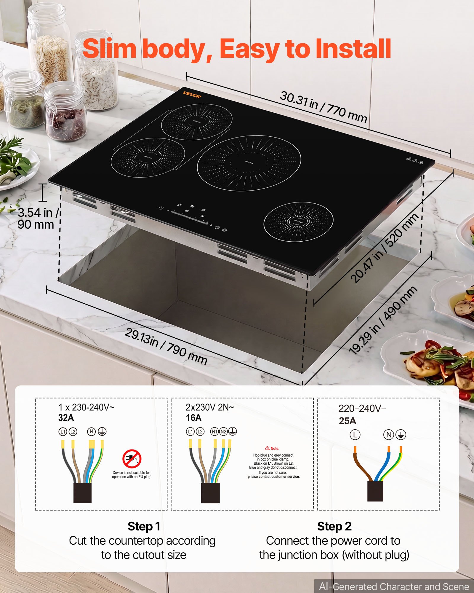 VEVOR Induction Cooktop 30inch 4 Burners Built-in Electric Stove 220V 7500W, Low-Power Continuous Heating, Induction Burner for Kitchen, with 9 Power Levels, LED Touch Screen, and Child Lock
