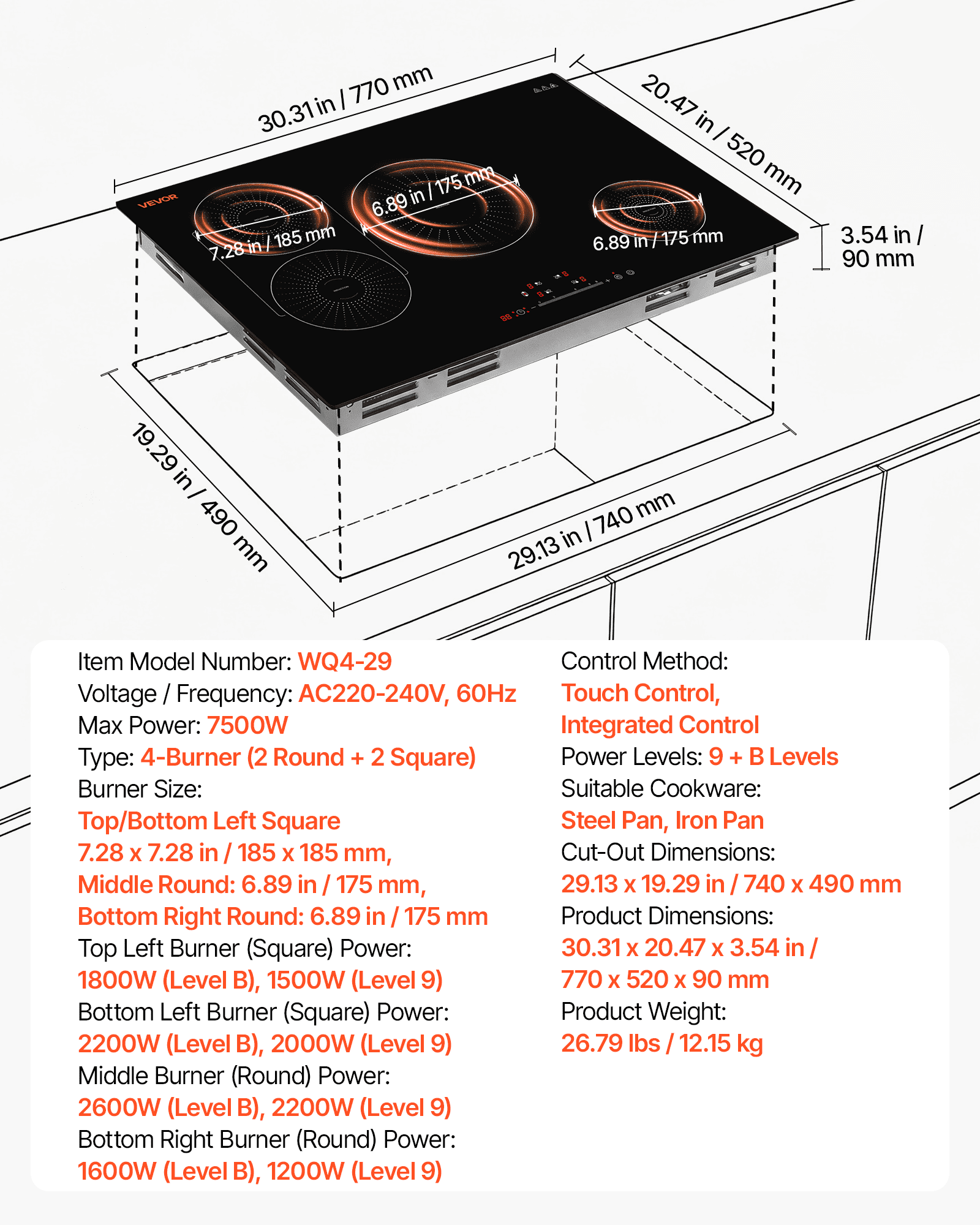 VEVOR Induction Cooktop 30inch 4 Burners Built-in Electric Stove 220V 7500W, Low-Power Continuous Heating, Induction Burner for Kitchen, with 9 Power Levels, LED Touch Screen, and Child Lock