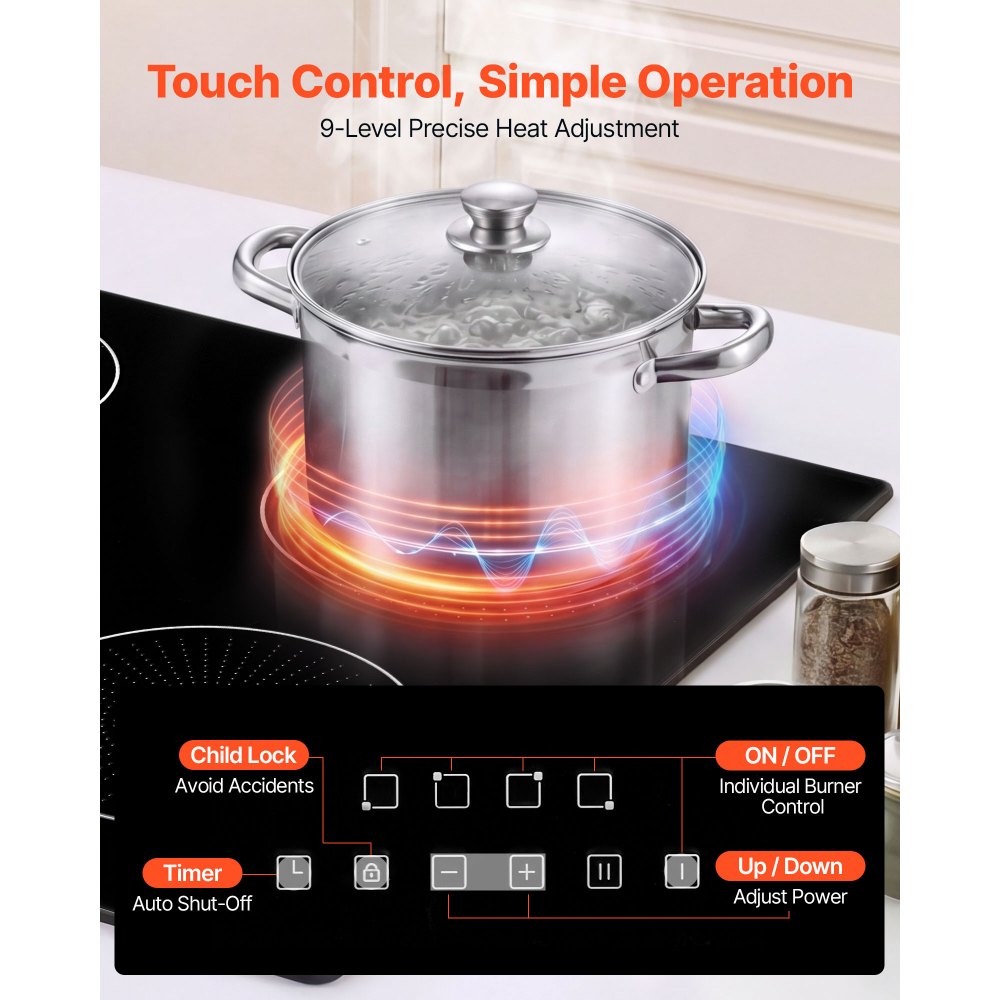 VEVOR Induction Cooktop 60 cm 4 Burners Built-in Electric Stove 220V 7000W, Low-Power Continuous Heating, Induction Burner, with 9 Power Levels, LED Touch Screen, Child Lock, for Kitchen, RV