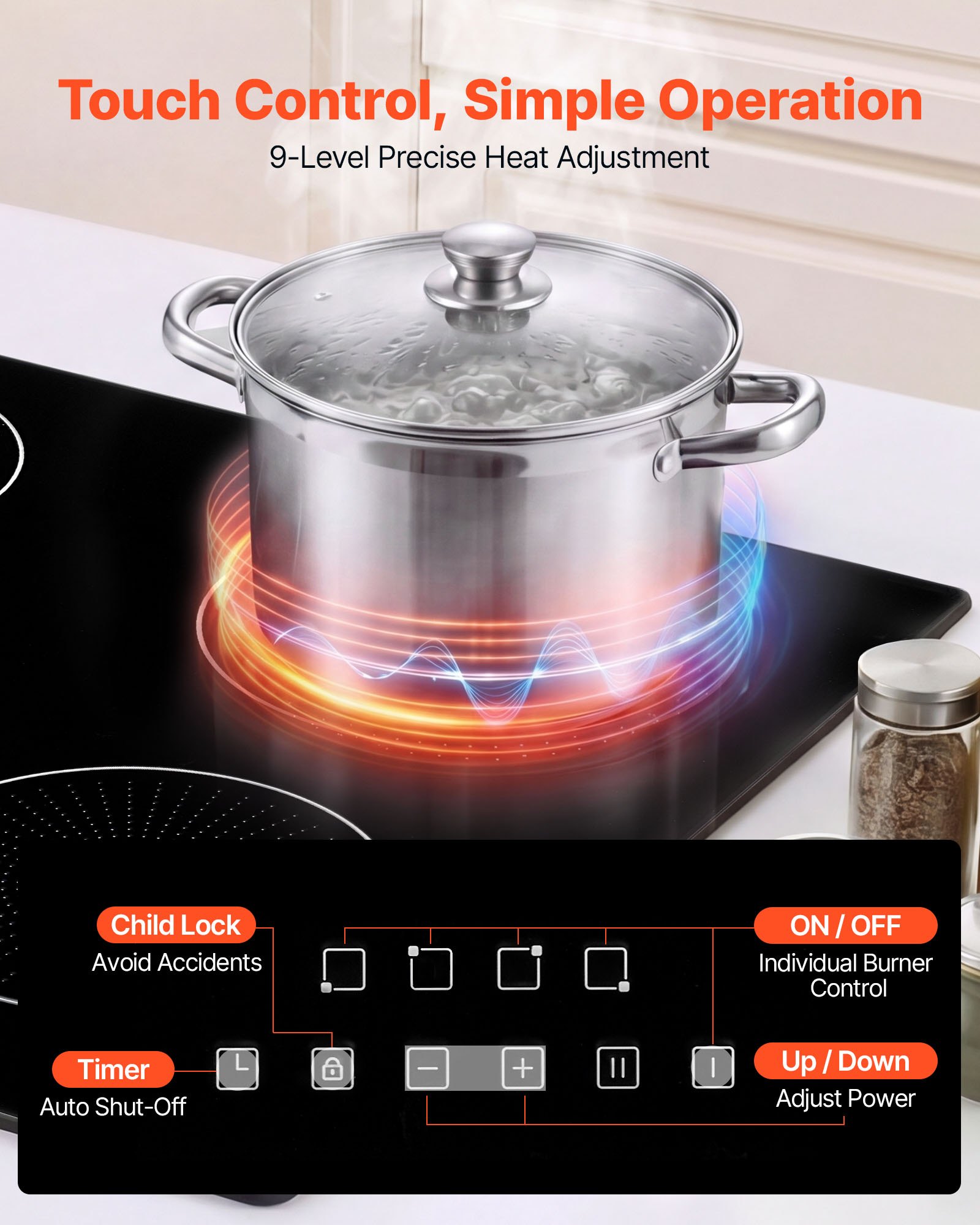 VEVOR Induction Cooktop 60 cm 4 Burners Built-in Electric Stove 220V 7000W, Low-Power Continuous Heating, Induction Burner, with 9 Power Levels, LED Touch Screen, Child Lock, for Kitchen, RV