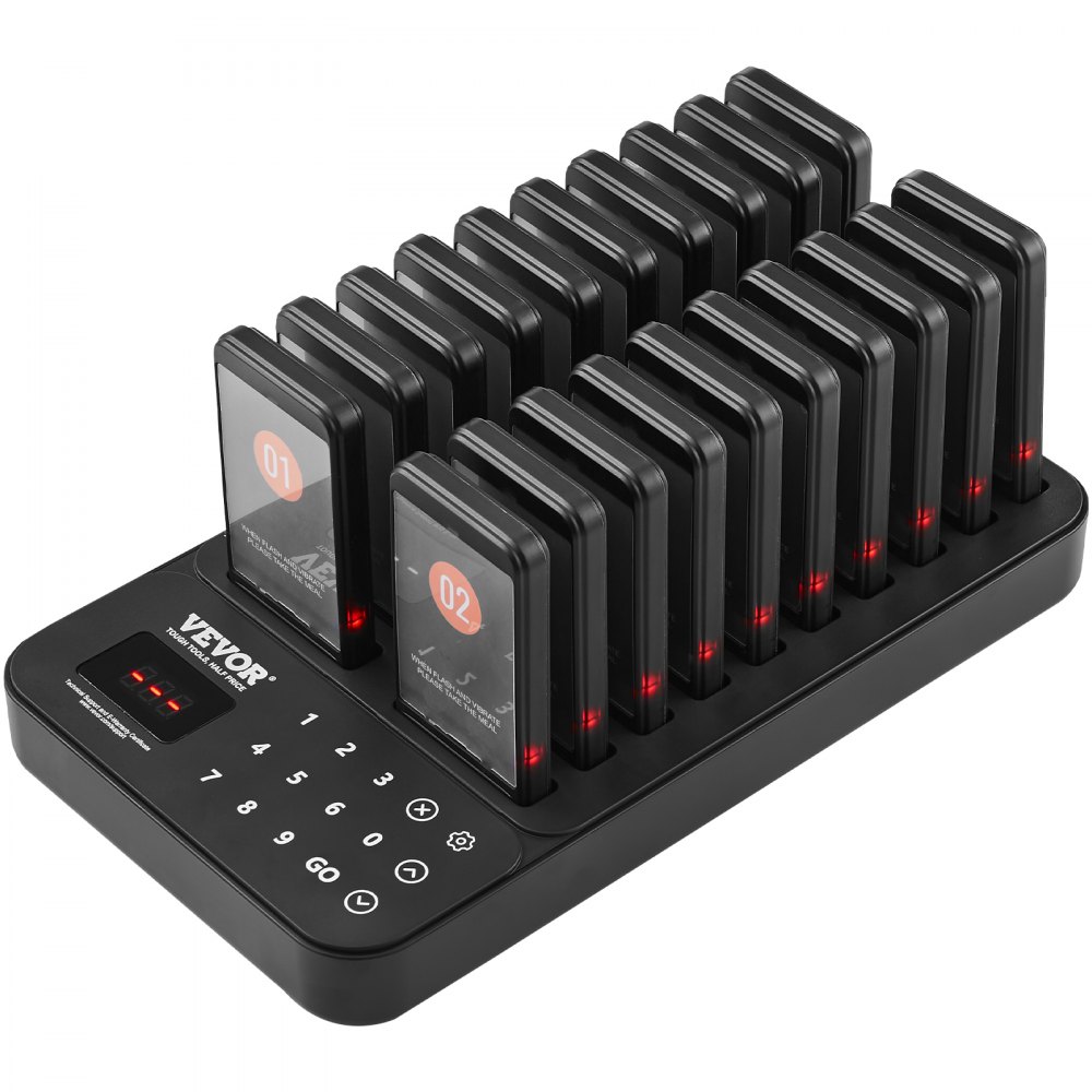 VEVOR Restaurant Pager System, Wireless 400m Long Range Lineup Waiting Queue Signal, Guest Customer Calling Beepers with Vibration & Flashing, 20 Buzzers for Food Truck, Church, Nursery, Hospital
