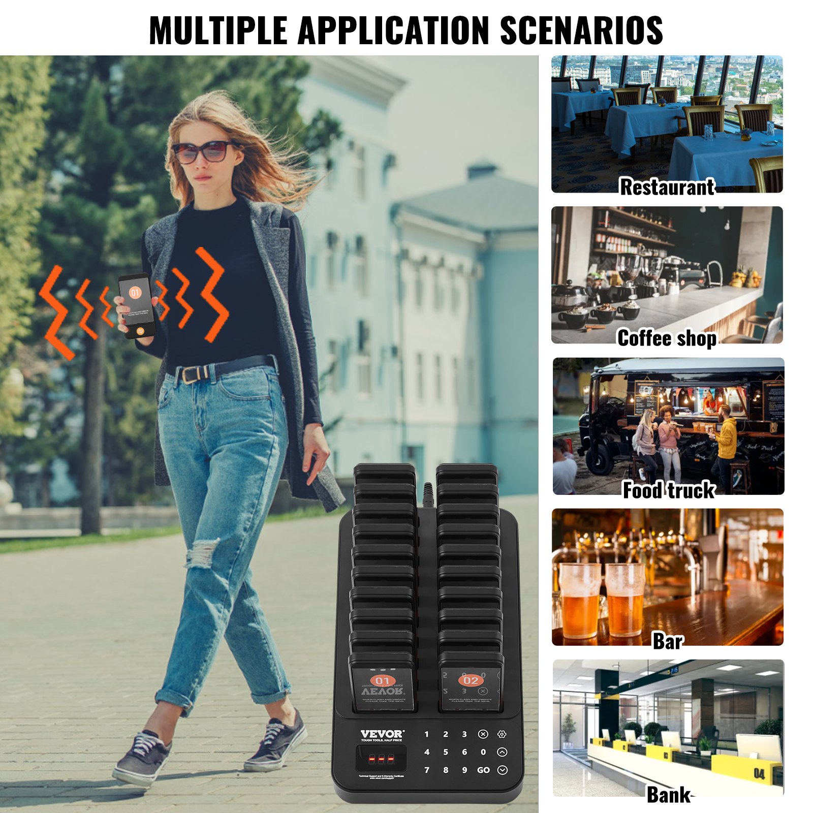 VEVOR Restaurant Pager System, Wireless 400m Long Range Lineup Waiting Queue Signal, Guest Customer Calling Beepers with Vibration & Flashing, 20 Buzzers for Food Truck, Church, Nursery, Hospital
