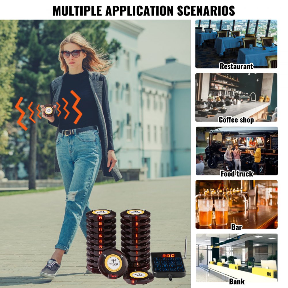 VEVOR Restaurant Pager System, Wireless 500m Long Range Lineup Waiting Queue Signal, Guest Customer Calling Beepers with Vibration & Flashing, 20 Buzzers for Food Truck, Church, Nursery, Hospital