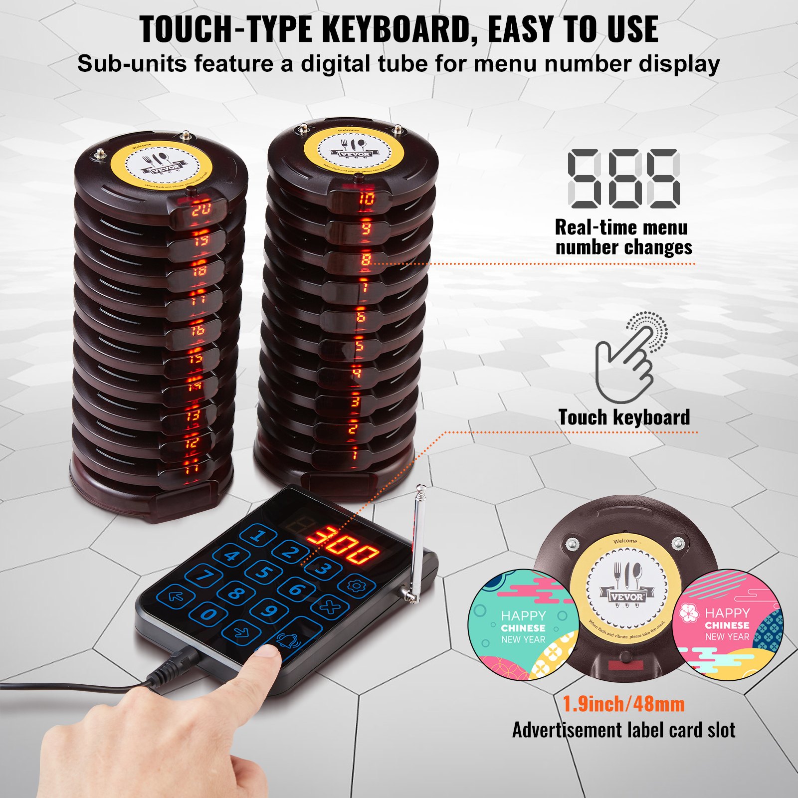 VEVOR Restaurant Pager System, Wireless 500m Long Range Lineup Waiting Queue Signal, Guest Customer Calling Beepers with Vibration & Flashing, 20 Buzzers for Food Truck, Church, Nursery, Hospital