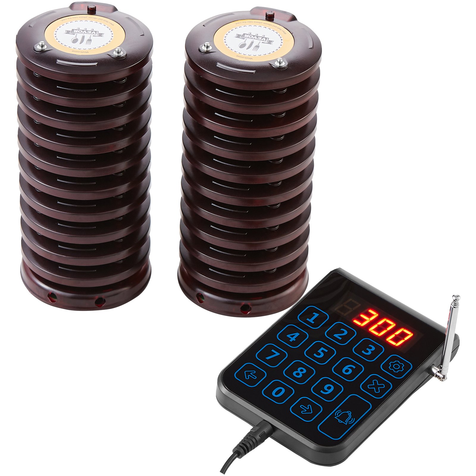 VEVOR Restaurant Pager System, Wireless 500m Long Range Lineup Waiting Queue Signal, Guest Customer Calling Beepers with Vibration & Flashing, 20 Buzzers for Food Truck, Church, Nursery, Hospital