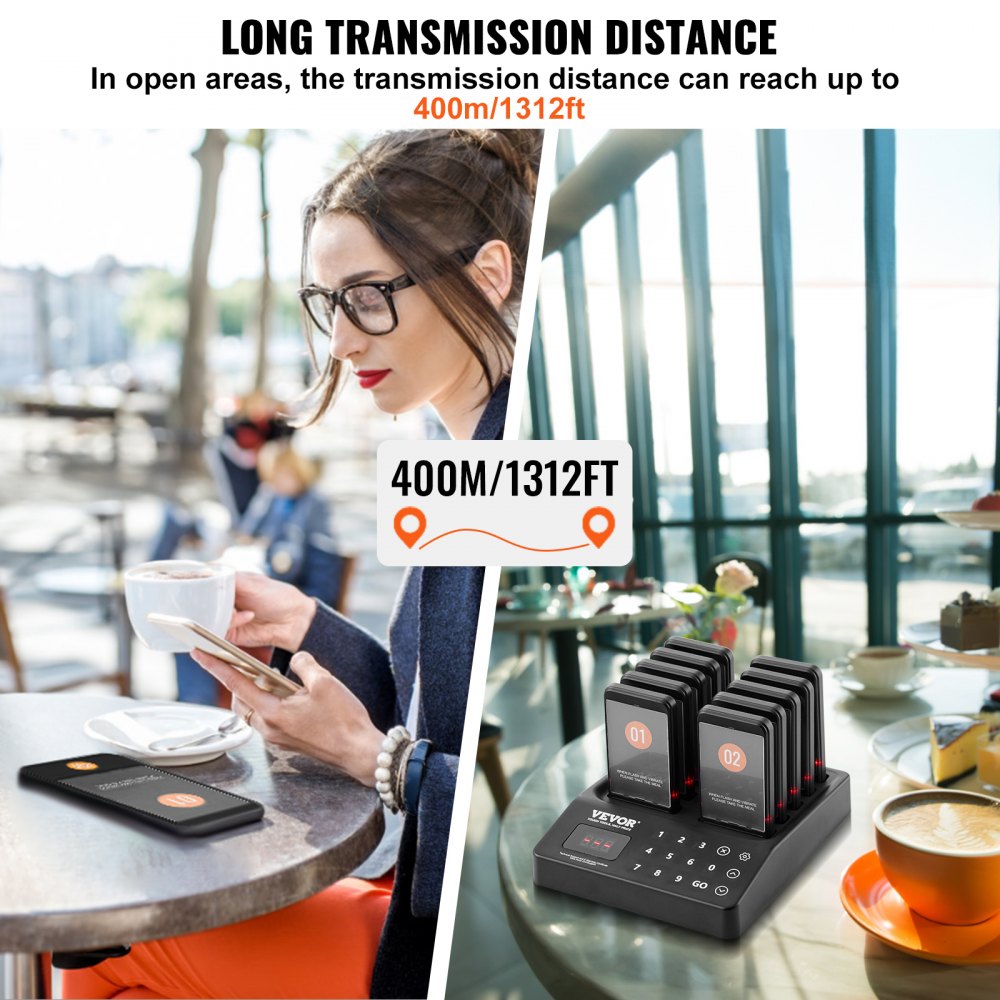 VEVOR Restaurant Pager System, Wireless 400m Long Range Lineup Waiting Queue Signal, Guest Customer Calling Beepers with Vibration & Flashing, 10 Buzzers for Food Truck, Church, Nursery, Hospital