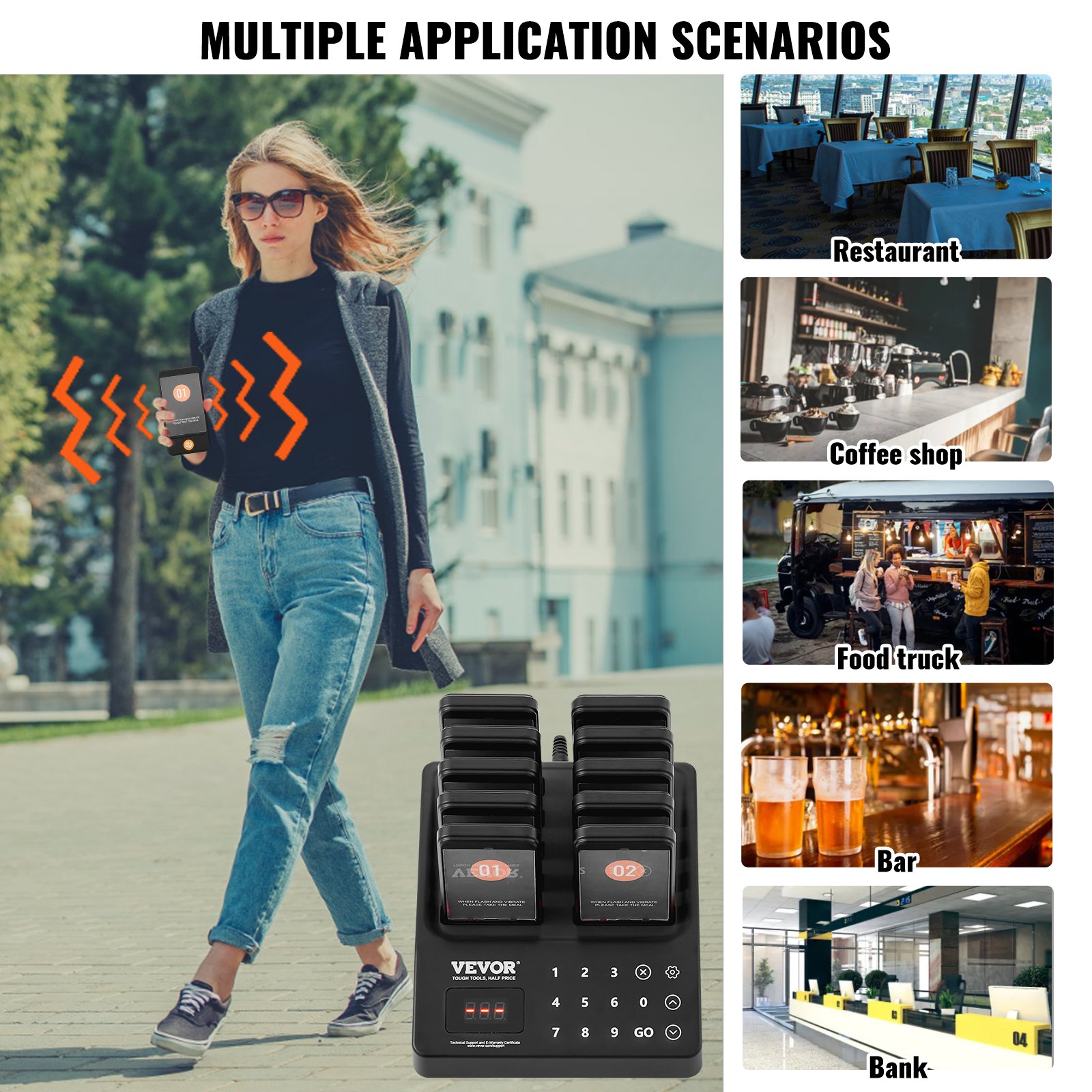 VEVOR Restaurant Pager System, Wireless 400m Long Range Lineup Waiting Queue Signal, Guest Customer Calling Beepers with Vibration & Flashing, 10 Buzzers for Food Truck, Church, Nursery, Hospital