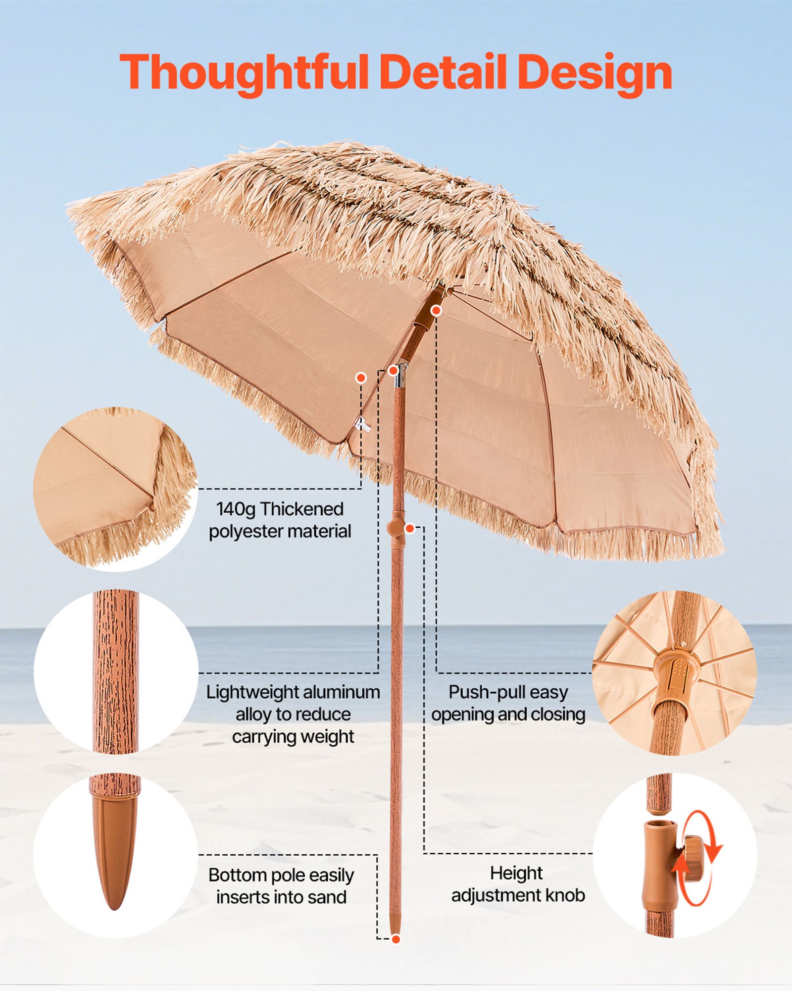 VEVOR Tiki Umbrella, 6.5 ft Thatched Patio Umbrella with Tilt, Hawaiian Style Beach Parasol with Durable PP Thatch and 8 Metal Ribs, Grass Pool Umbrellas for Beach, Patio, Poolside, Backyard & Garden