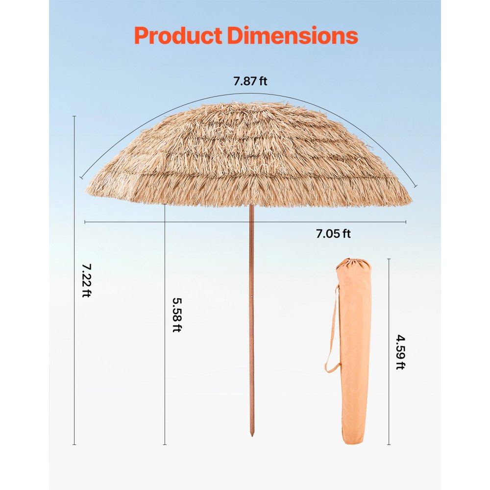 VEVOR Tiki Umbrella, 8 ft Thatched Patio Umbrella with Tilt, Hawaiian Style Beach Parasol with Durable PP Thatch and 8 Metal Ribs, Grass Pool Umbrellas for Beach, Patio, Poolside, Backyard & Garden
