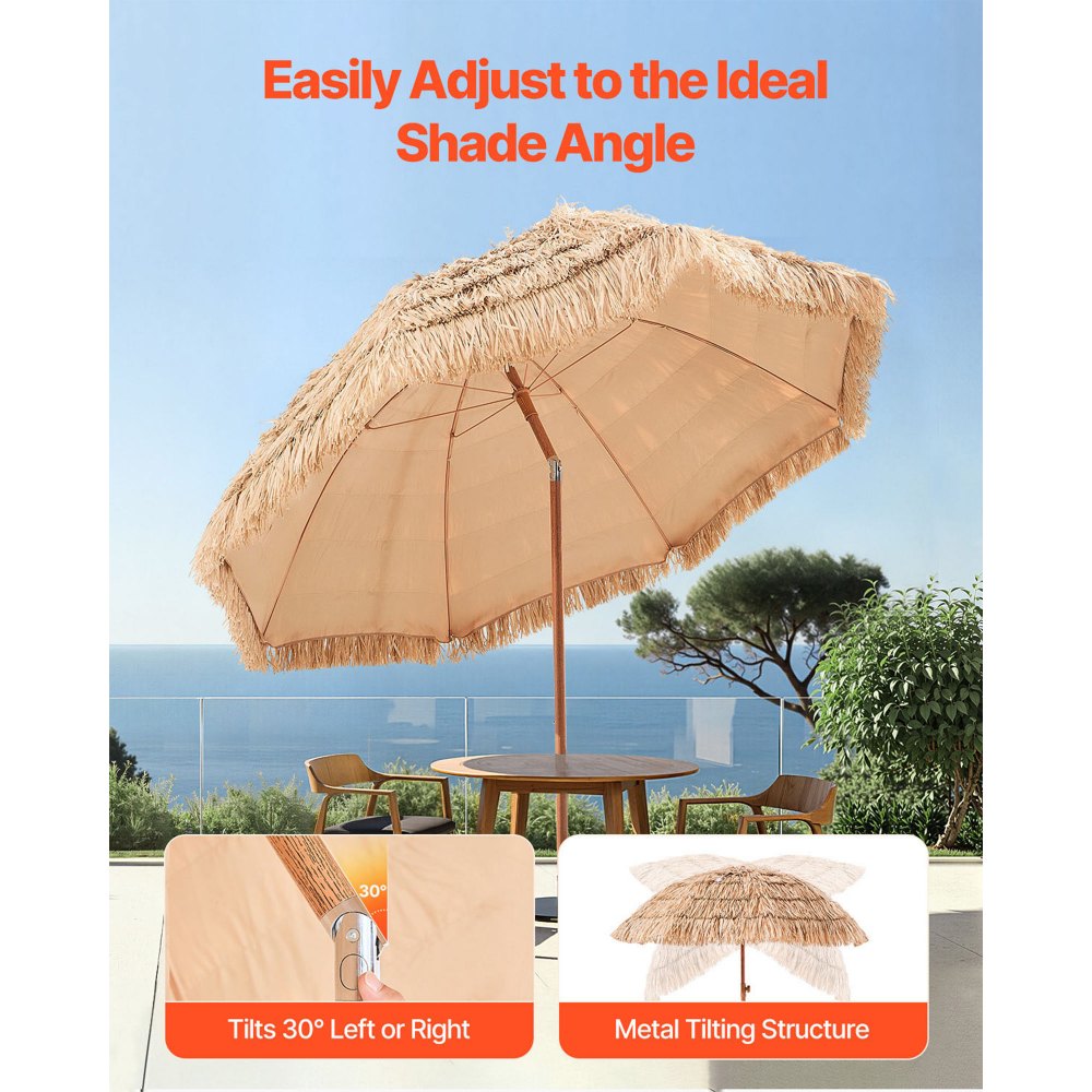 VEVOR Tiki Umbrella, 8 ft Thatched Patio Umbrella with Tilt, Hawaiian Style Beach Parasol with Durable PP Thatch and 8 Metal Ribs, Grass Pool Umbrellas for Beach, Patio, Poolside, Backyard & Garden