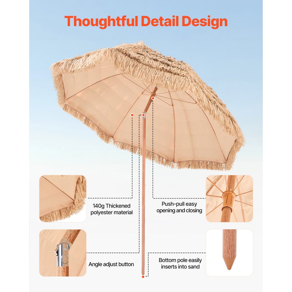 VEVOR Tiki Umbrella, 8 ft Thatched Patio Umbrella with Tilt, Hawaiian Style Beach Parasol with Durable PP Thatch and 8 Metal Ribs, Grass Pool Umbrellas for Beach, Patio, Poolside, Backyard & Garden