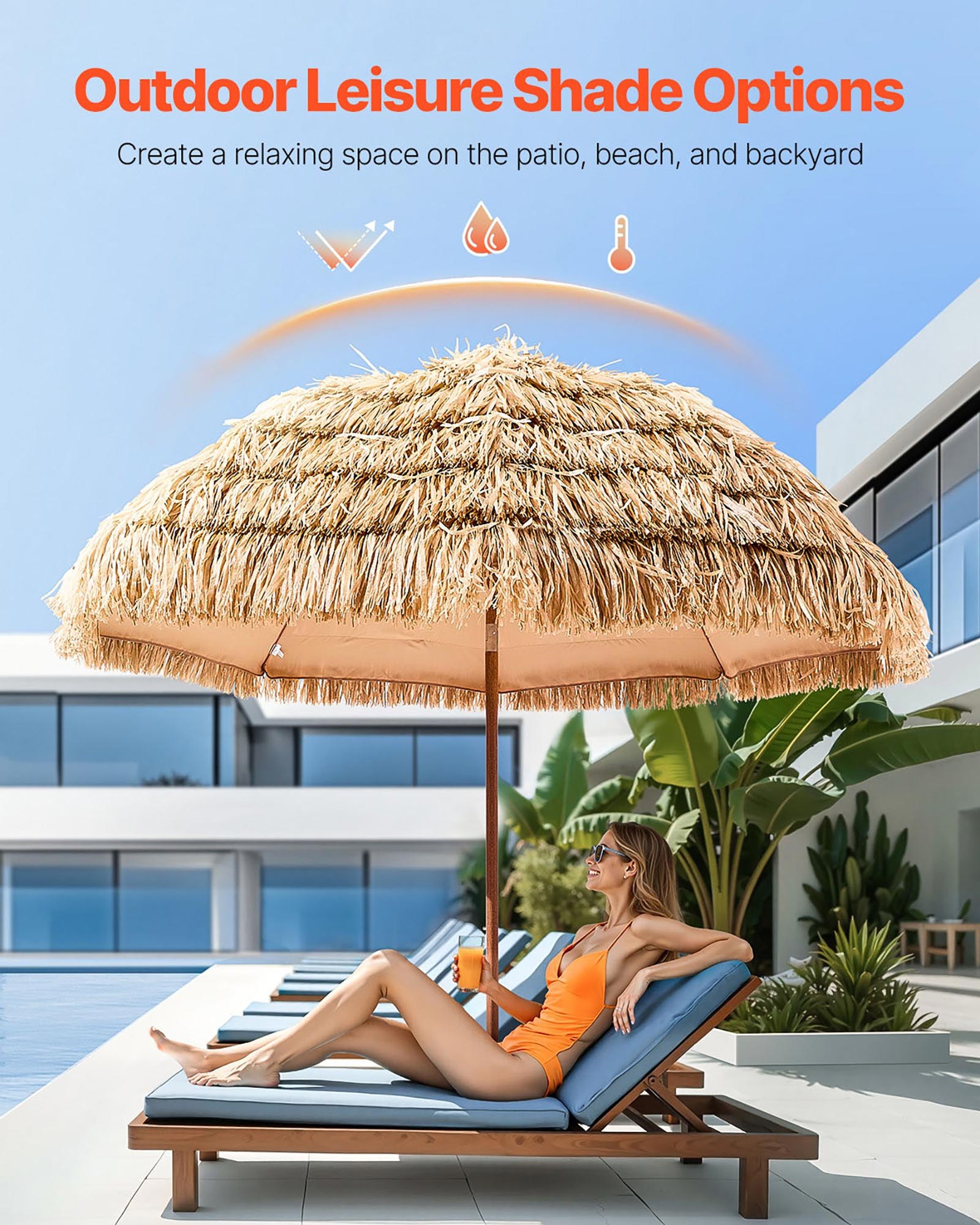 VEVOR Tiki Umbrella, 8 ft Thatched Patio Umbrella with Tilt, Hawaiian Style Beach Parasol with Durable PP Thatch and 8 Metal Ribs, Grass Pool Umbrellas for Beach, Patio, Poolside, Backyard & Garden