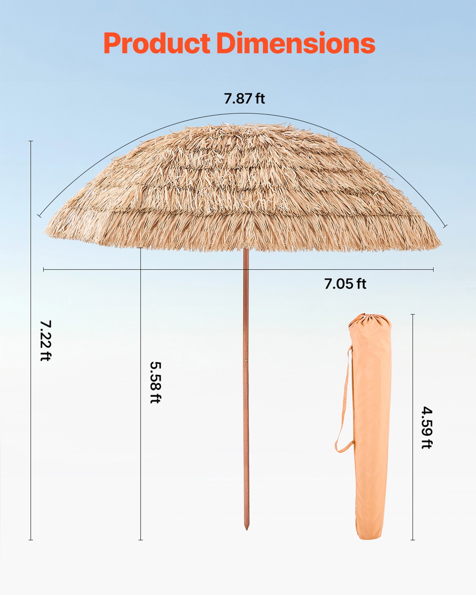 VEVOR Tiki Umbrella, 8 ft Thatched Patio Umbrella with Tilt, Hawaiian Style Beach Parasol with Durable PP Thatch and 8 Metal Ribs, Grass Pool Umbrellas for Beach, Patio, Poolside, Backyard & Garden