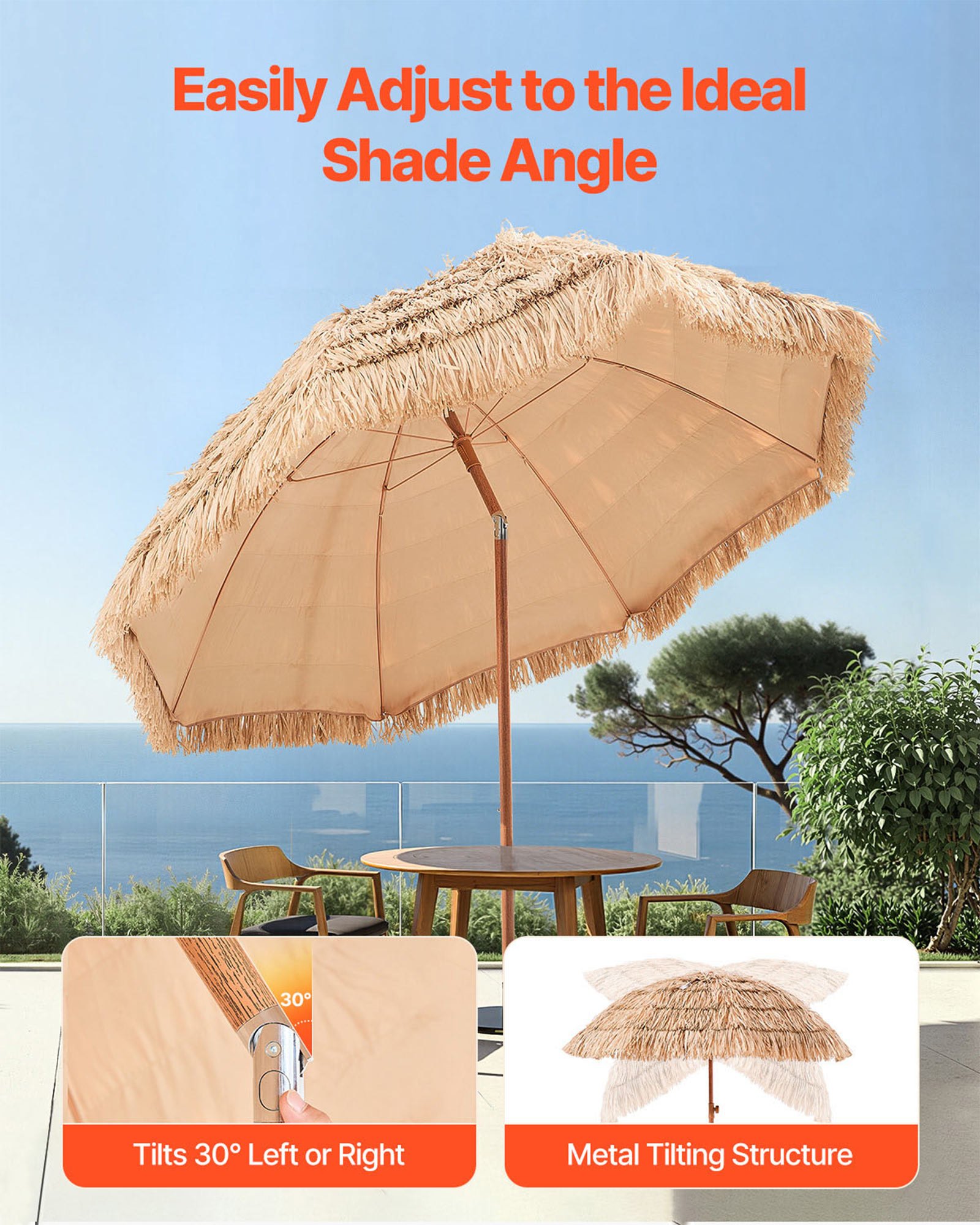 VEVOR Tiki Umbrella, 8 ft Thatched Patio Umbrella with Tilt, Hawaiian Style Beach Parasol with Durable PP Thatch and 8 Metal Ribs, Grass Pool Umbrellas for Beach, Patio, Poolside, Backyard & Garden