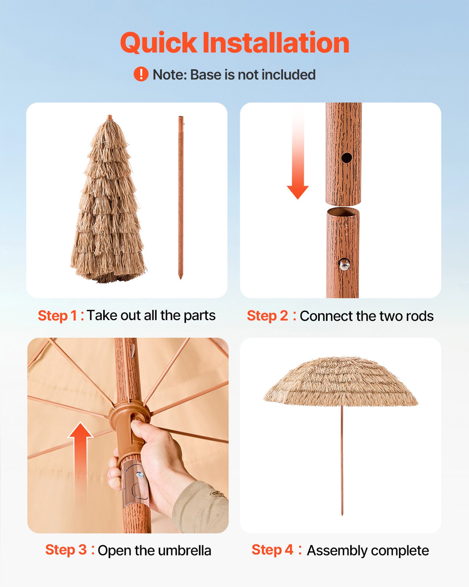 VEVOR Tiki Umbrella, 8 ft Thatched Patio Umbrella with Tilt, Hawaiian Style Beach Parasol with Durable PP Thatch and 8 Metal Ribs, Grass Pool Umbrellas for Beach, Patio, Poolside, Backyard & Garden