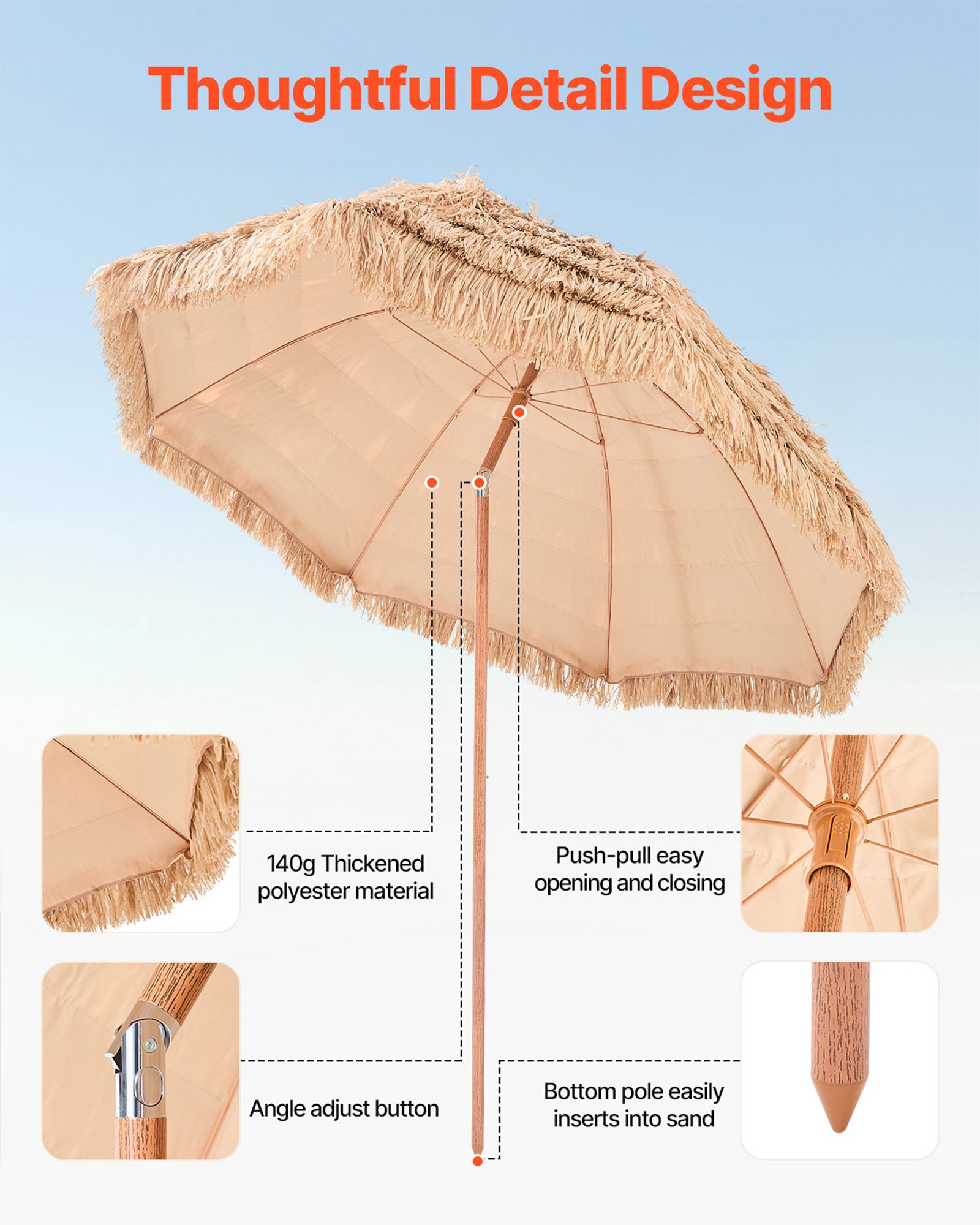 VEVOR Tiki Umbrella, 8 ft Thatched Patio Umbrella with Tilt, Hawaiian Style Beach Parasol with Durable PP Thatch and 8 Metal Ribs, Grass Pool Umbrellas for Beach, Patio, Poolside, Backyard & Garden