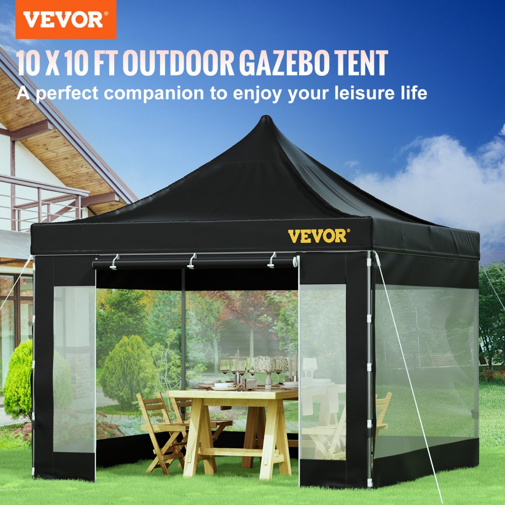VEVOR 304.8 x 304.8 cm Pop Up Canopy Tent, Outdoor Patio Gazebo Tent with Removable Sidewalls and Wheeled Bag, UV Resistant Waterproof Instant Gazebo Shelter for Party, Garden, Backyard, Black