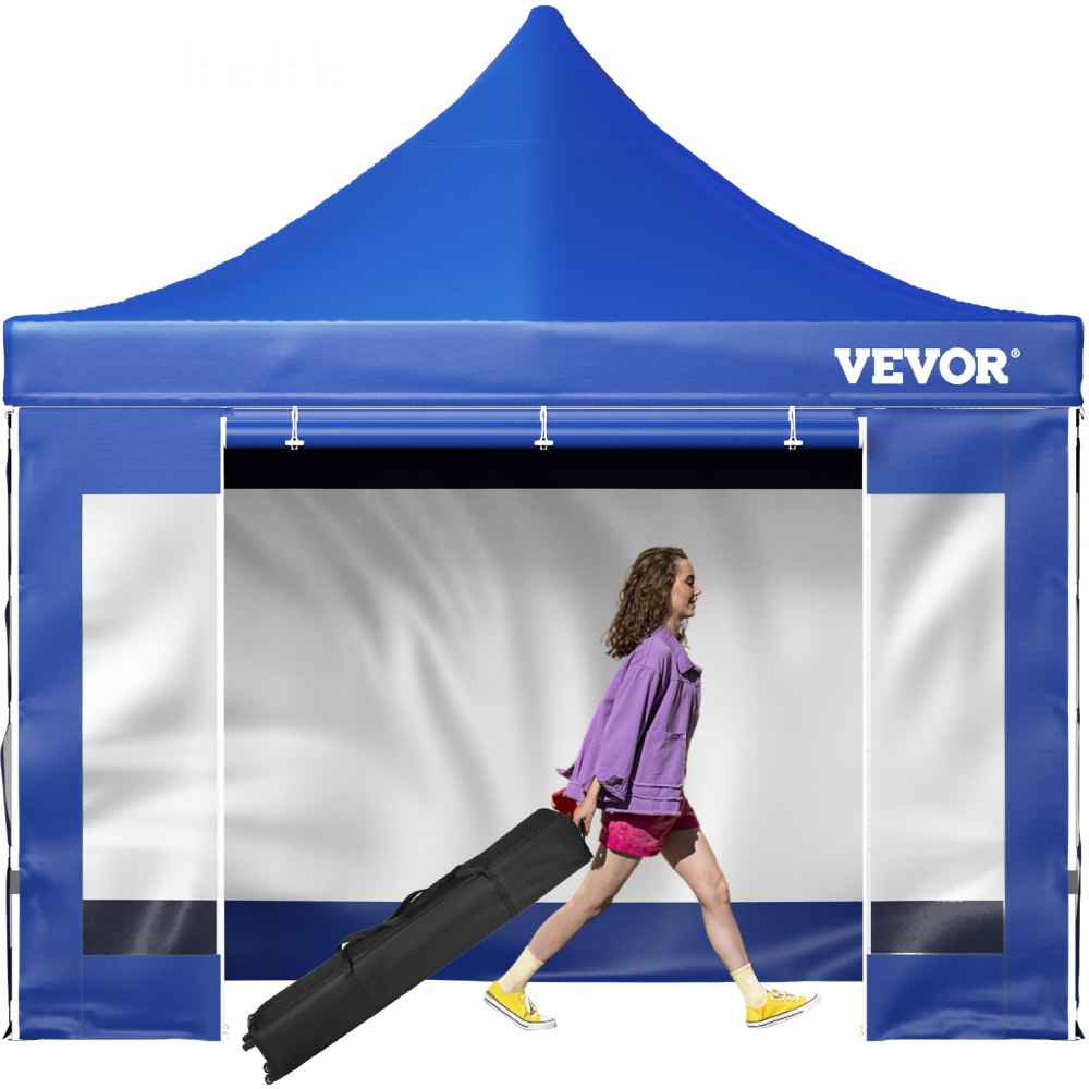 VEVOR pop up canopy tent with blue roof and side panels, person carrying a black bag in front.