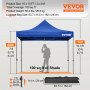 VEVOR pop up canopy tent, blue, with dimensions, weight and luggage bag size illustrated.