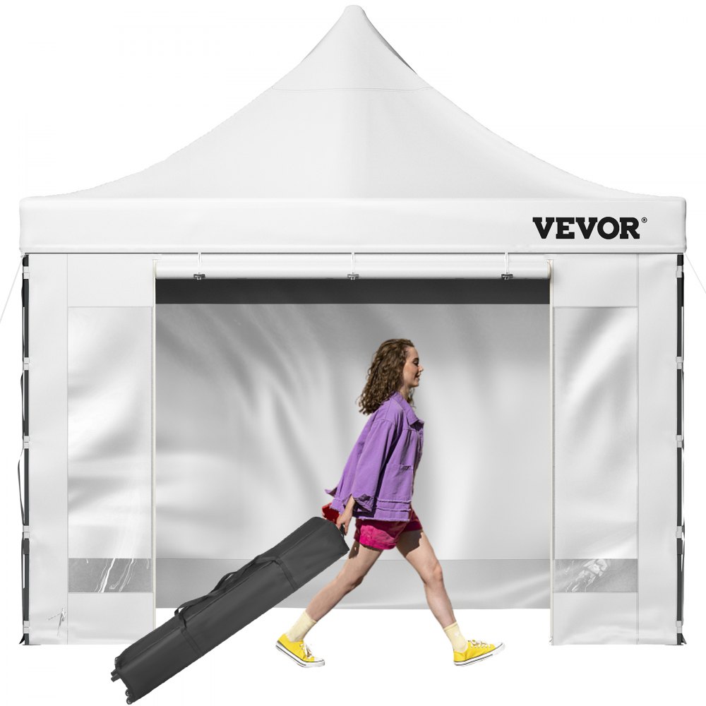 person carrying a black case in front of a large VEVOR pop up canopy tent.