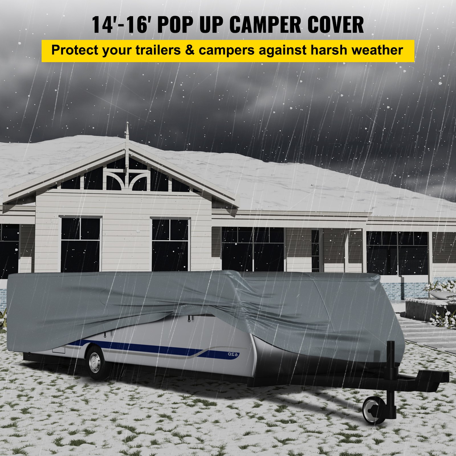 VEVOR Pop Up Camper Cover, Fit for 14'-16' Trailers, Ripstop 4-Layer Non-woven Fabric Folding Trailer Covers, UV Resistant Waterproof RV Storage Cover w/ 3 Wind-proof Ropes and 1 Storage Bag, Gray