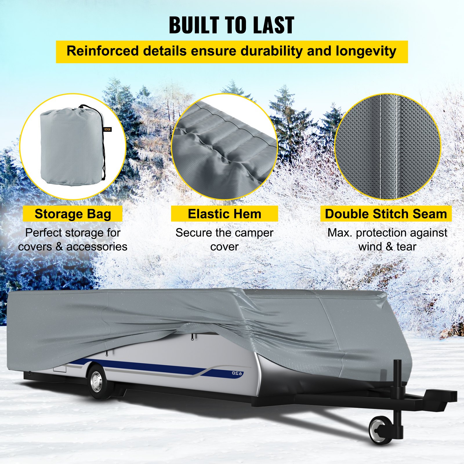 VEVOR Pop Up Camper Cover, Fit for 14'-16' Trailers, Ripstop 4-Layer Non-woven Fabric Folding Trailer Covers, UV Resistant Waterproof RV Storage Cover w/ 3 Wind-proof Ropes and 1 Storage Bag, Gray