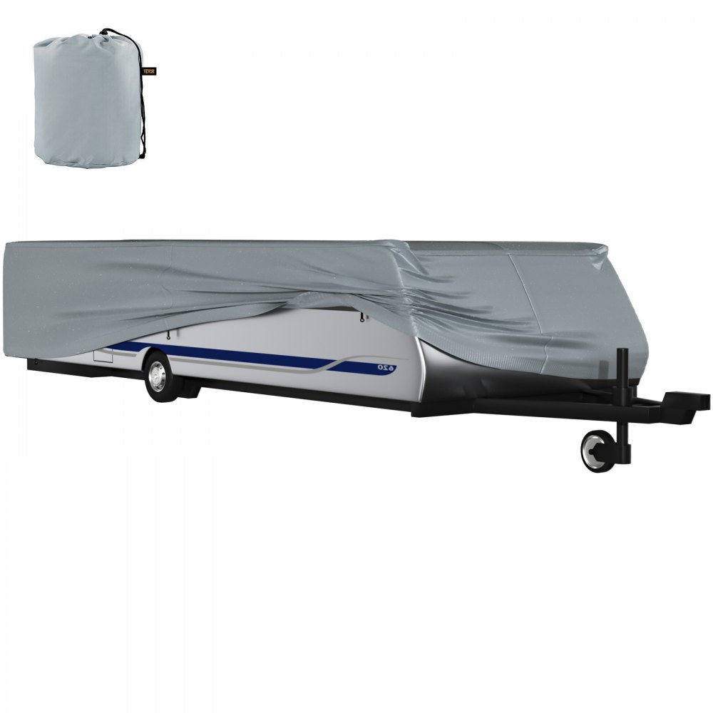 VEVOR Pop Up Camper Cover, Passar för 16'-18' Trailers, Ripstop 4-lagers vikbara släpvagnsöverdrag i non-woven tyg, UV-beständigt vattentätt husbilsförvaringsskydd med 3 vindtäta rep och 1 förvaringsväska, grå