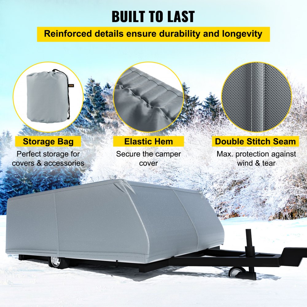VEVOR Pop Up Camper Cover, Fit for 8'-10' Trailers, Ripstop 4-Layer Non-woven Fabric Folding Trailer Covers, UV Resistant Waterproof RV Storage Cover w/ 3 Wind-proof Ropes and 1 Storage Bag, Gray