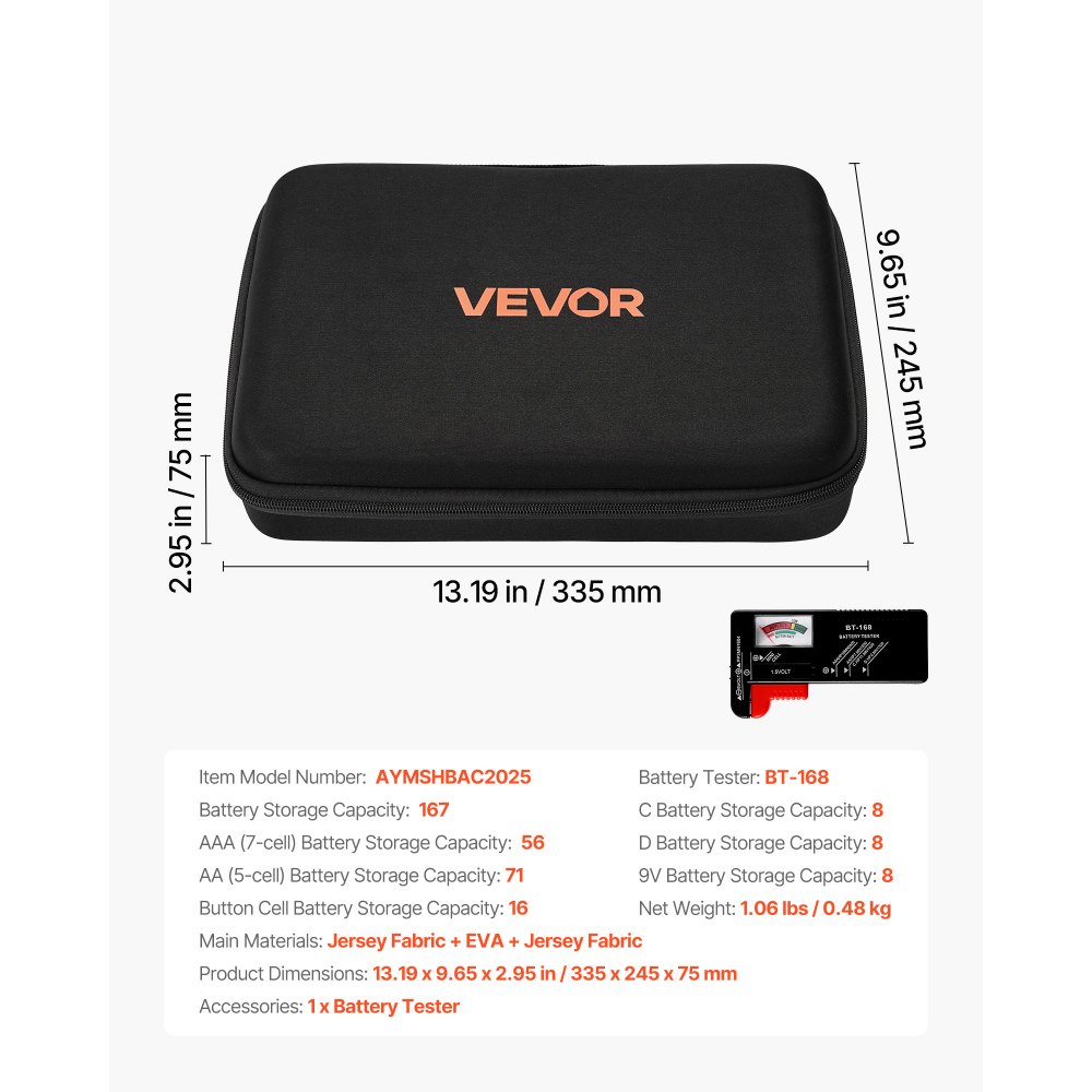 VEVOR Battery Organizer Storage Box, Battery Case Bag with Tester BT-168, Waterproof Batteries Organizer Storage Case with Zipper, Holds 167 Batteries AA AAA C D 9V Button, Black (Box Only)