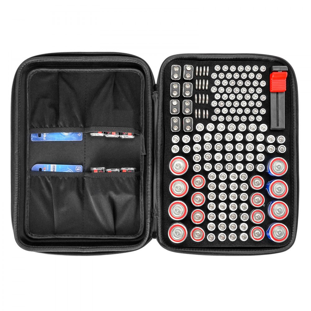 VEVOR Battery Organizer Storage Box, Battery Case Bag with Tester BT-168, Waterproof Batteries Organizer Storage Case with Zipper, Holds 167 Batteries AA AAA C D 9V Button, Black (Box Only)