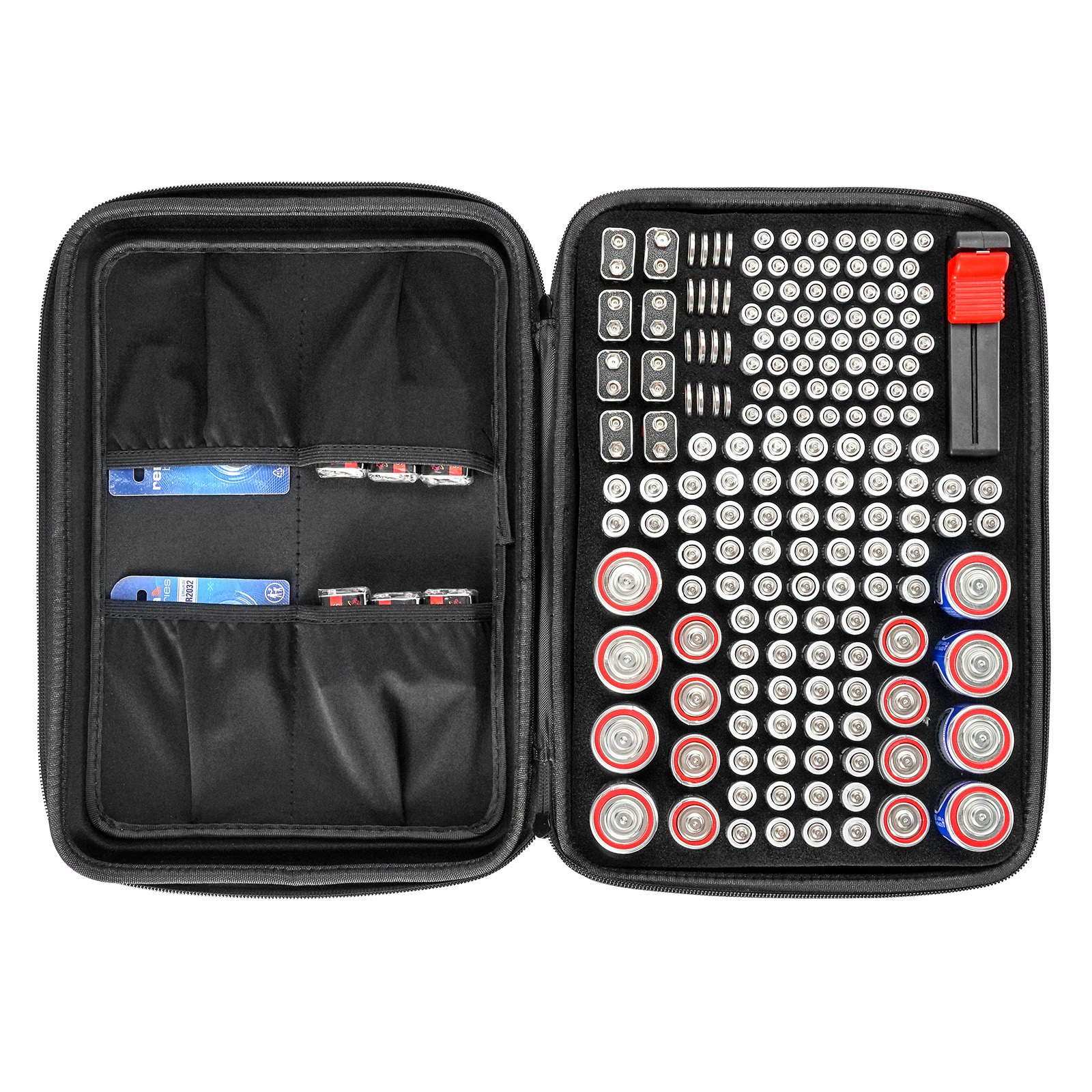 VEVOR Battery Organizer Storage Box, Battery Case Bag with Tester BT-168, Waterproof Batteries Organizer Storage Case with Zipper, Holds 167 Batteries AA AAA C D 9V Button, Black (Box Only)