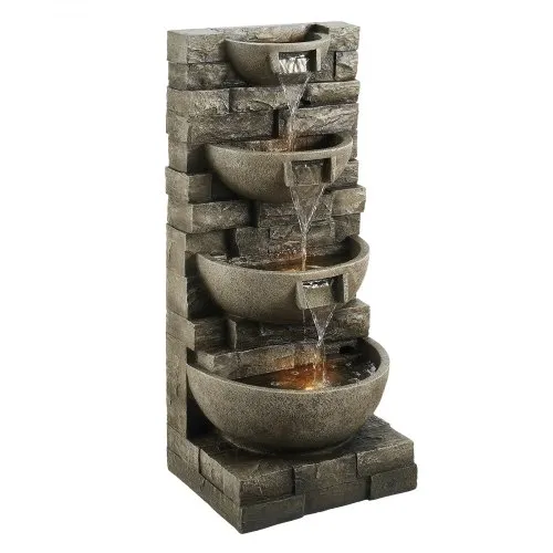 VEVOR Outdoor Water Fountain, 35.63 in Height Fountain and Waterfall, 4-Tier Floor Standing Cascading Fountains with LED Light and Pump, Block Stack Style, for Outdoor Indoor Garden, Patio & Backyard