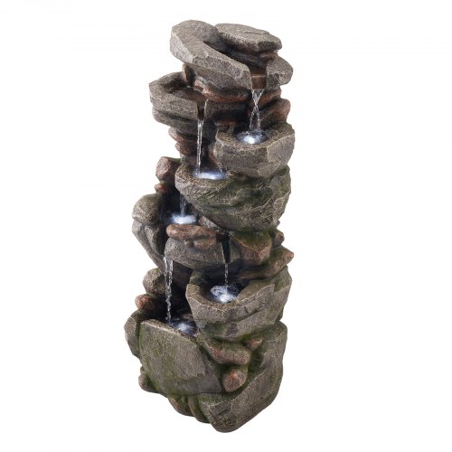 VEVOR Outdoor Water Fountain, 38.98 in Height Fountain and Waterfall, 7-Tier Floor Standing Rock-Shaped Cascading Fountains with LED Light and Pump, for Outdoor Indoor Garden, Home, Patio & Backyard