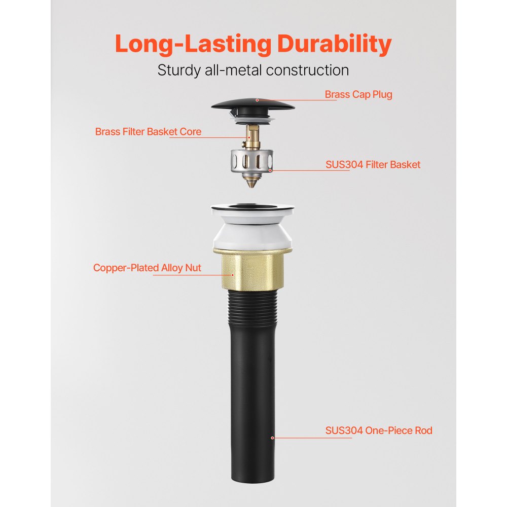 VEVOR Desagüe de lavabo con rebosadero, desagües emergentes de latón y acero inoxidable 304, filtro antiobstrucción, tapón de desagüe totalmente metálico para fregaderos con orificios de rebosadero.
