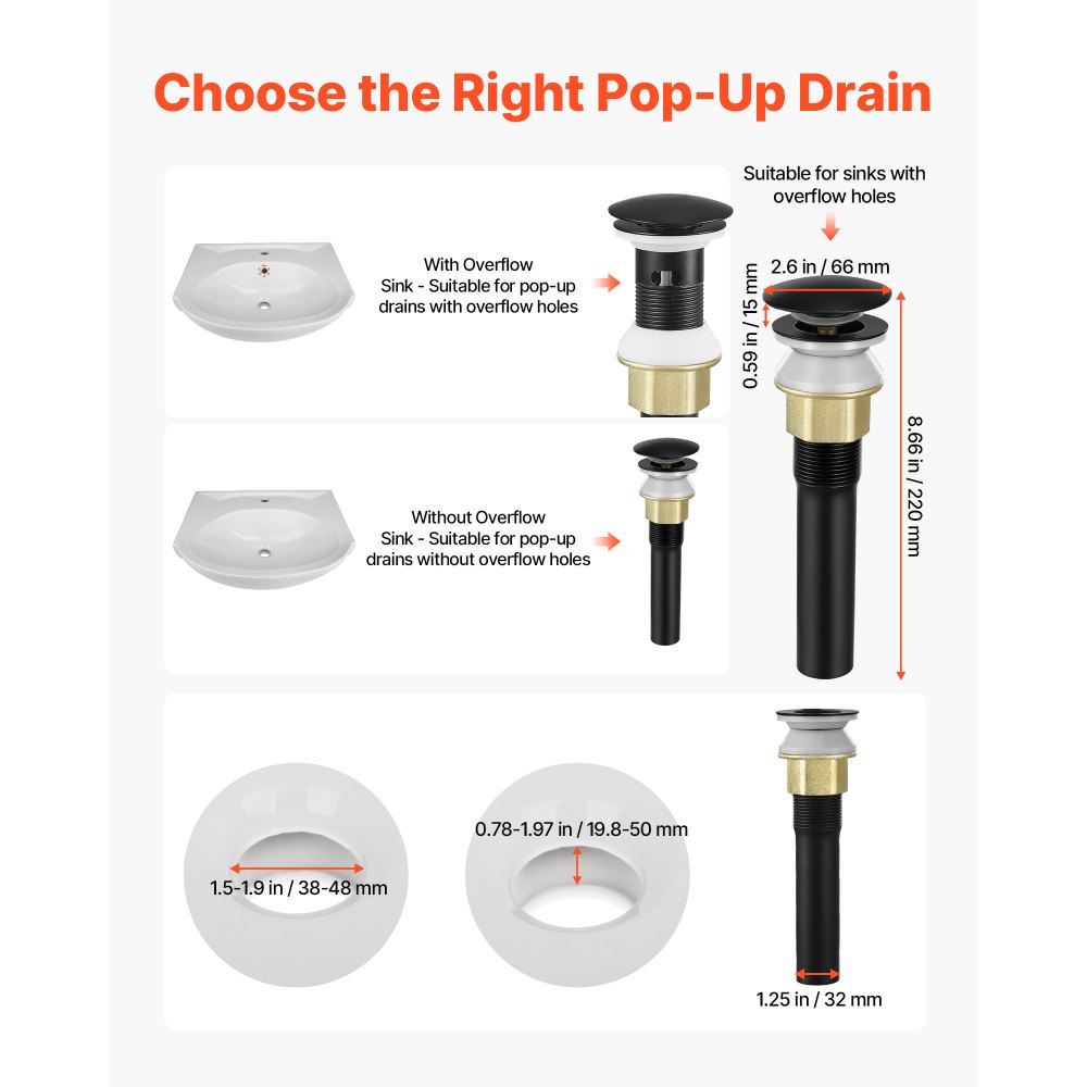 VEVOR Desagüe de lavabo con rebosadero, desagües emergentes de latón y acero inoxidable 304, filtro antiobstrucción, tapón de desagüe totalmente metálico para fregaderos con orificios de rebosadero.