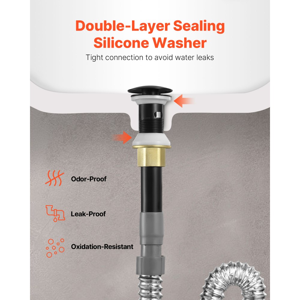 VEVOR Desagüe de lavabo con rebosadero, desagües emergentes de latón y acero inoxidable 304, filtro antiobstrucción, tapón de desagüe totalmente metálico para fregaderos con orificios de rebosadero.