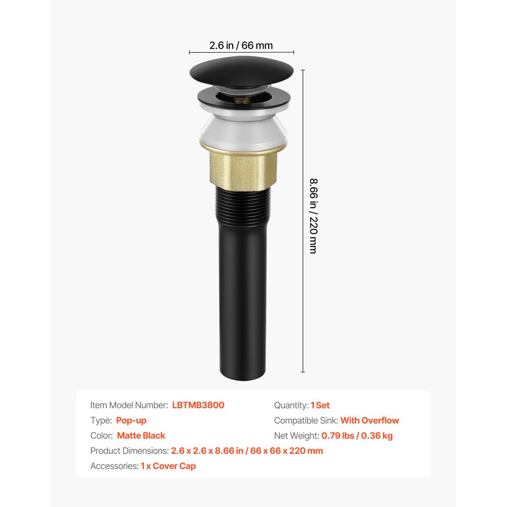 VEVOR Desagüe de lavabo con rebosadero, desagües emergentes de latón y acero inoxidable 304, filtro antiobstrucción, tapón de desagüe totalmente metálico para fregaderos con orificios de rebosadero.