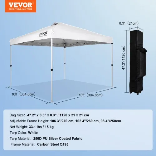 VEVOR Pop Up Canopy Tent, 10 x 10 ft, 250 D PU Silver Coated Tarp