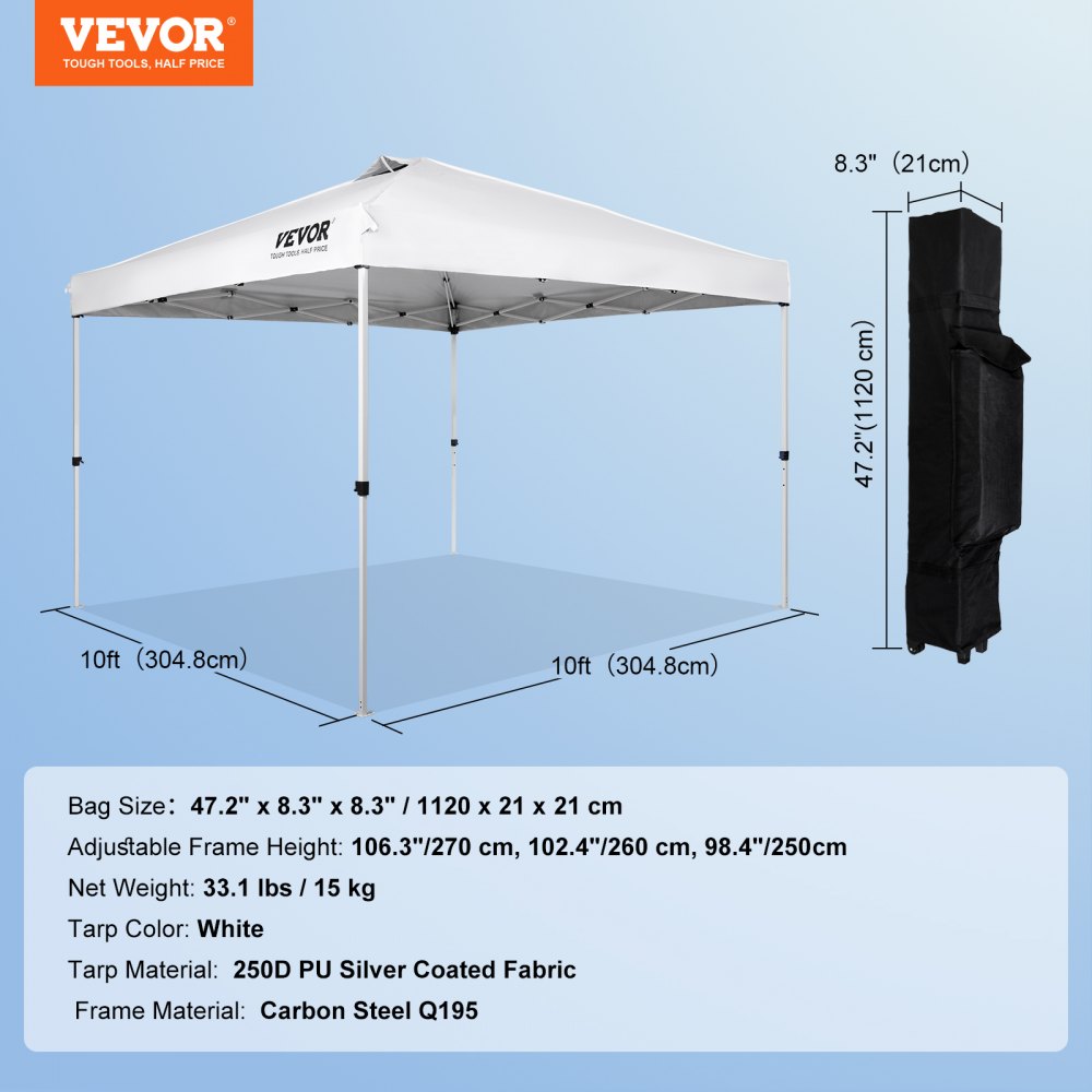VEVOR 10ft white canopy tent with adjustable height and carry bag, steel frame, pu fabric.