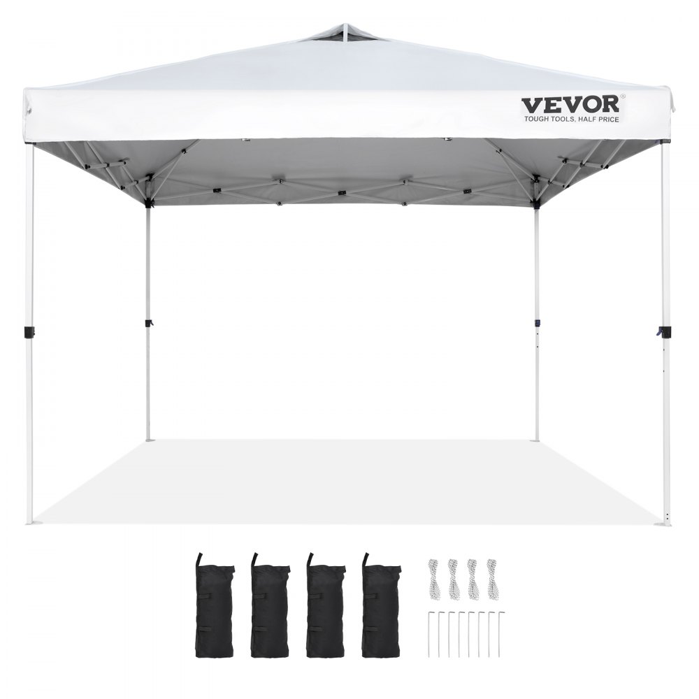 VEVOR pop up canopy tent with accessories including sandbags, ropes, and stakes, white roof.