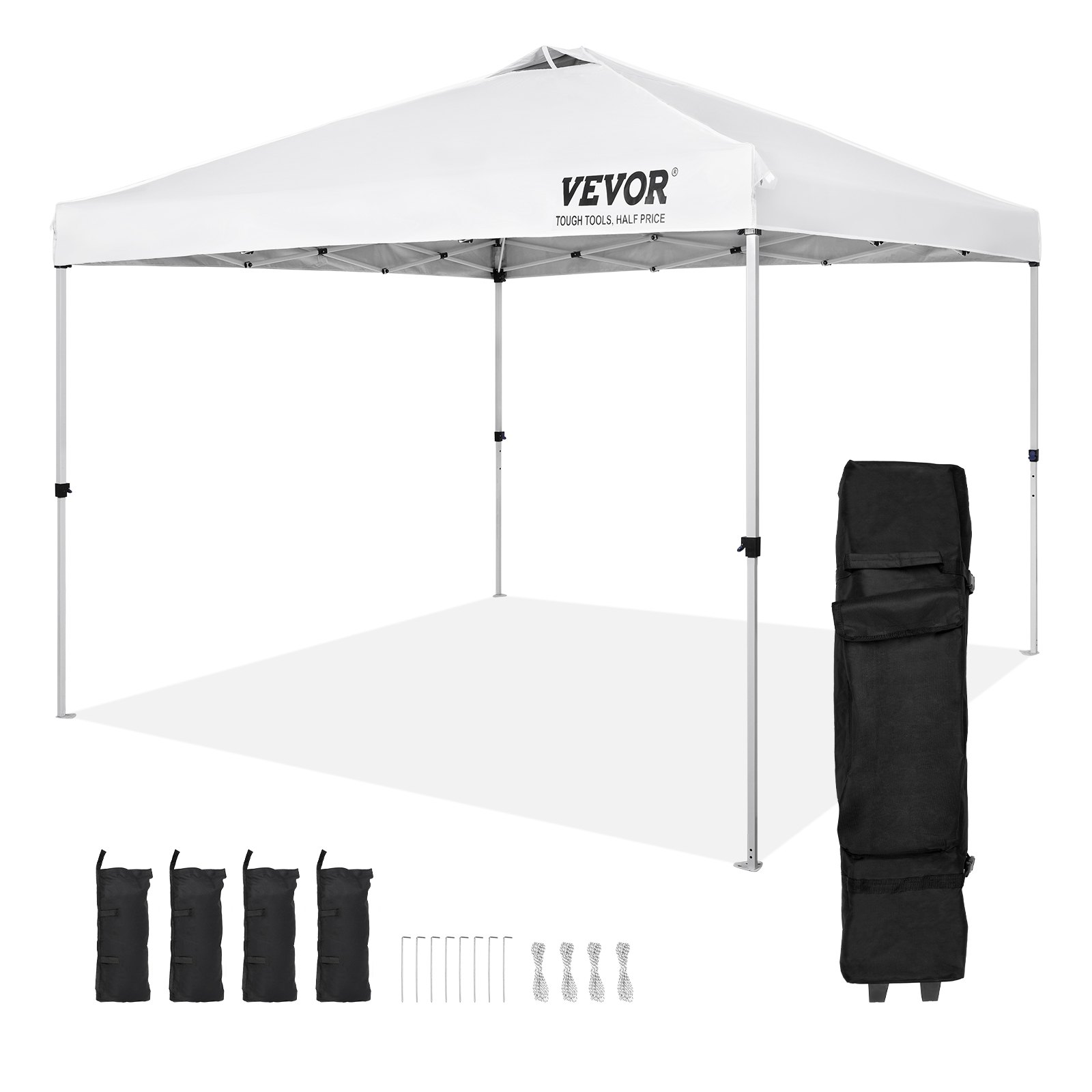 white VEVOR pop up canopy tent with carrying case, sandbags, ropes, and stakes set on a white background.